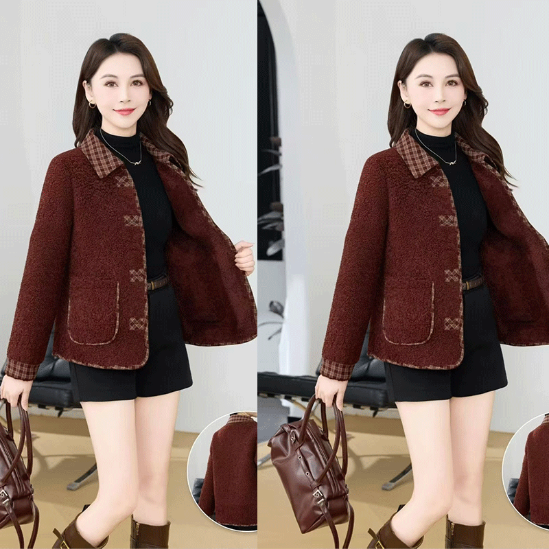 2025秋季新款翻领拼接外套加绒加厚款冬装保暖拼接时尚洋气