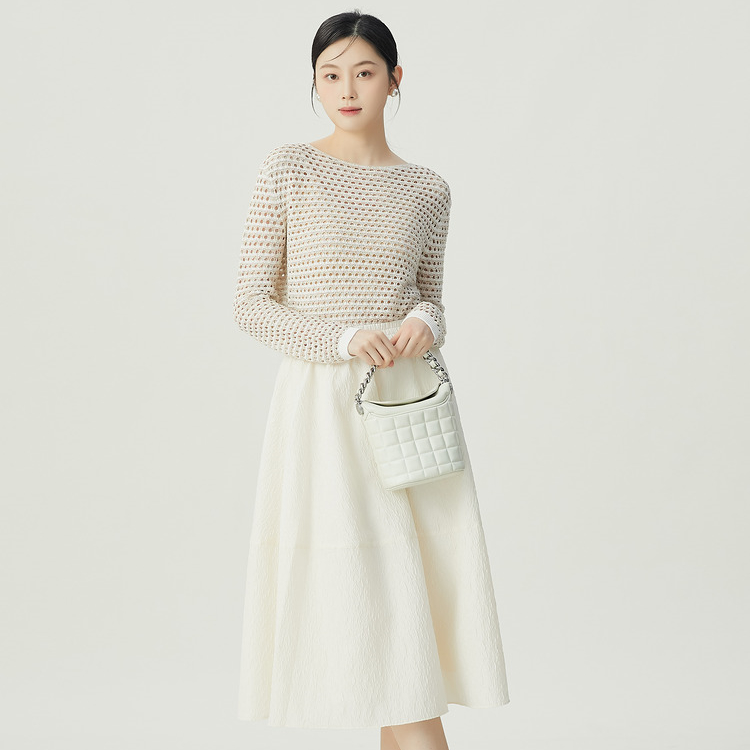 哥弟女装新款春夏简约米白时尚小香圆领镂空长韩系镂空小香开衫