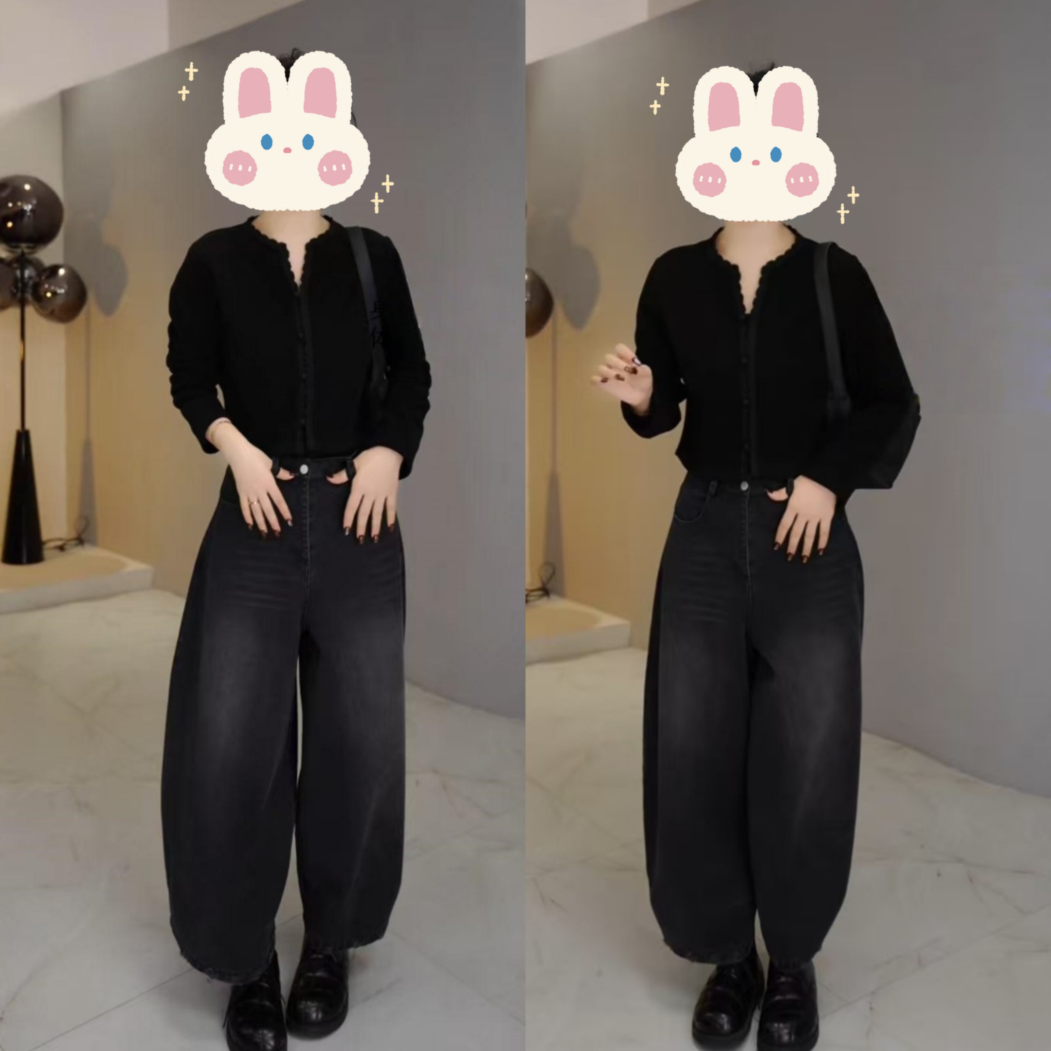 “晚棠”花边锥形领盘扣长袖正肩纯色开衫上衣+灰色牛仔裤BB50506