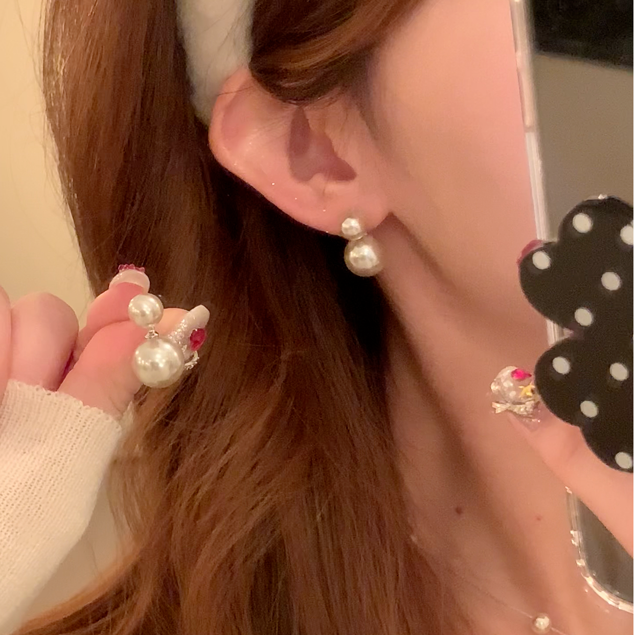 铜合金仿珍珠耳饰 秋冬韩系轻奢摩卡慕斯珍珠耳环女气质耳针耳饰