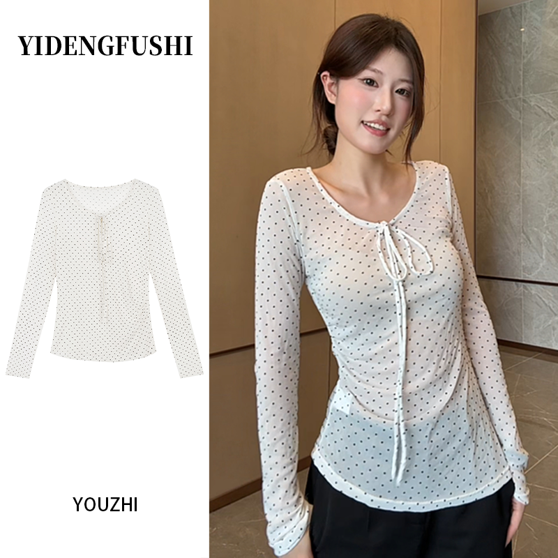 韩系白色波点系带气质长袖T恤女秋季修身纯欲风百搭微透网纱上衣