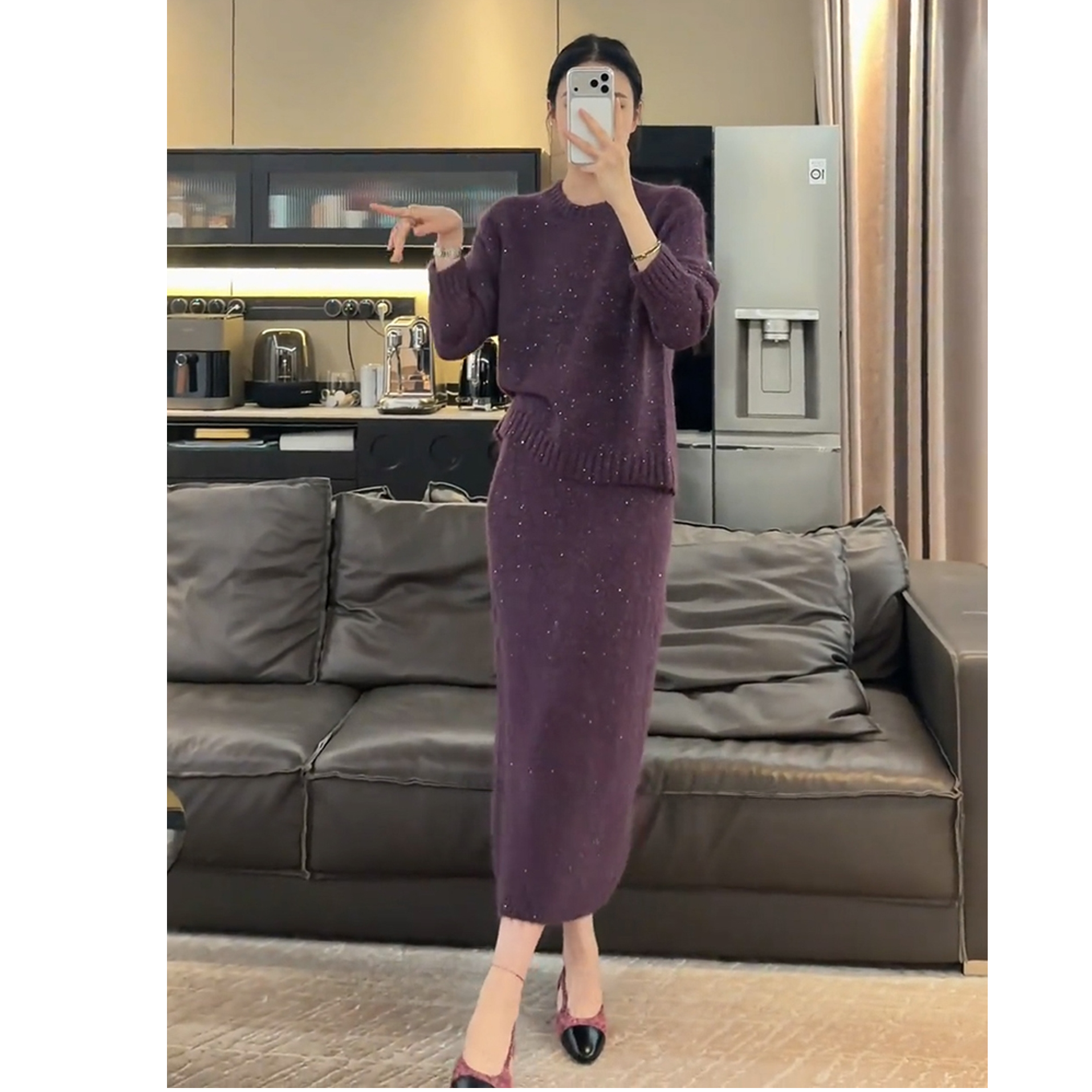 秋冬法式慵懒松弛感名媛气质亮丝毛衣女神范大方紫色半身裙套装女