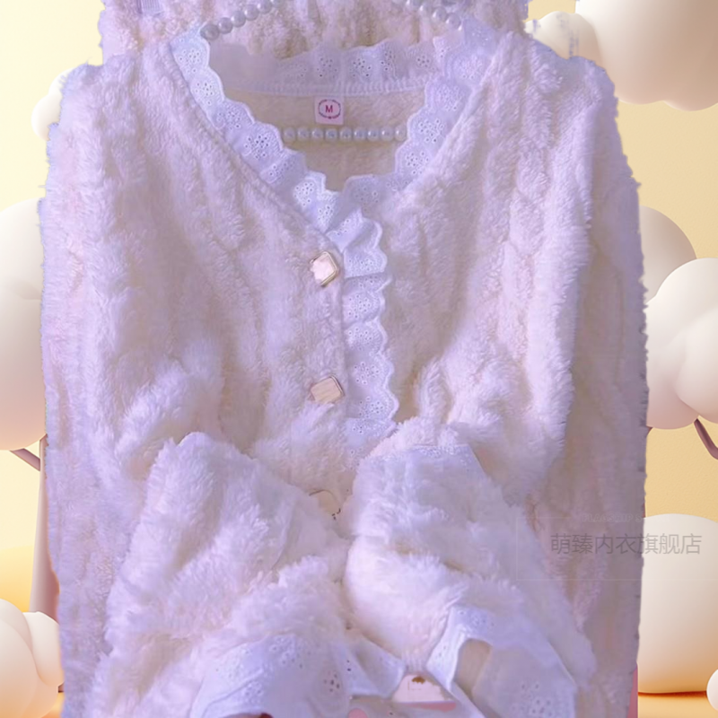 维密可爱风法兰绒睡衣秋冬季女士长袖加厚珊瑚绒保暖家居服套装