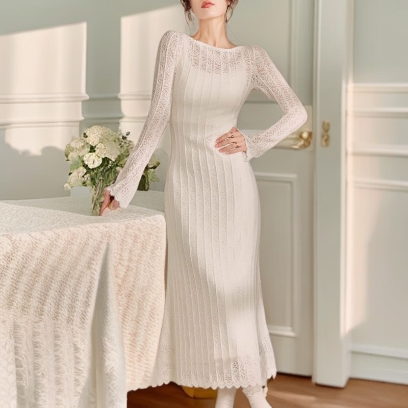 千语栀【枯木巷尾】气场知性美 风情蕾丝连衣裙港风复古到脚踝长裙