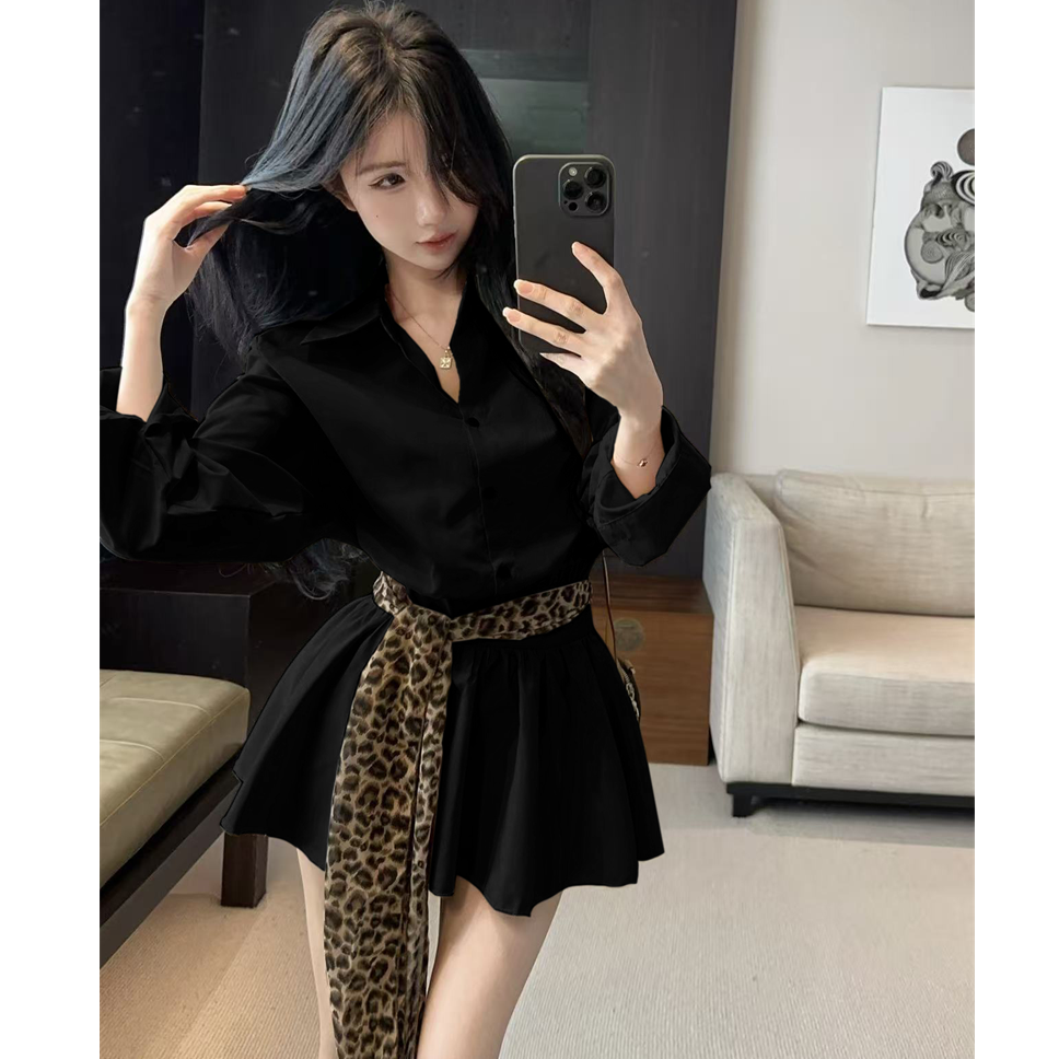 长袖秋季衬衫裙短裙显瘦连衣裙高腰收腰春季别致法式纯欲风POLO领