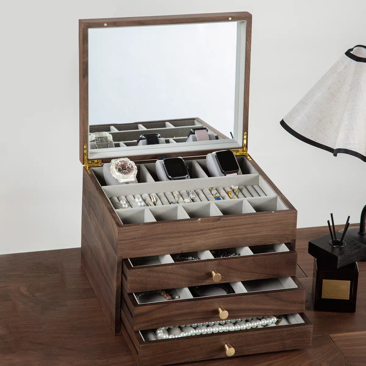 北美黑胡桃木多层抽屉首饰盒饰品盒轻奢高端30*25*21cm圣诞礼物