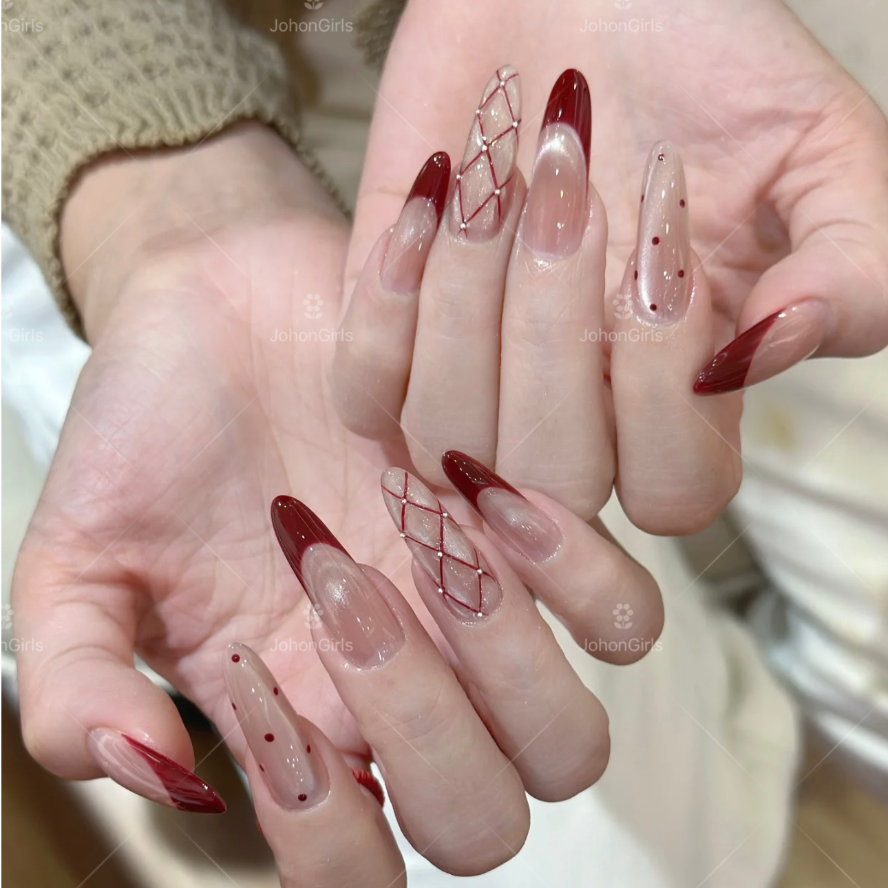 JohonGirls'/琴岛小嫚【酒红格纹】迷人红色法式菱形格纯手工穿戴甲