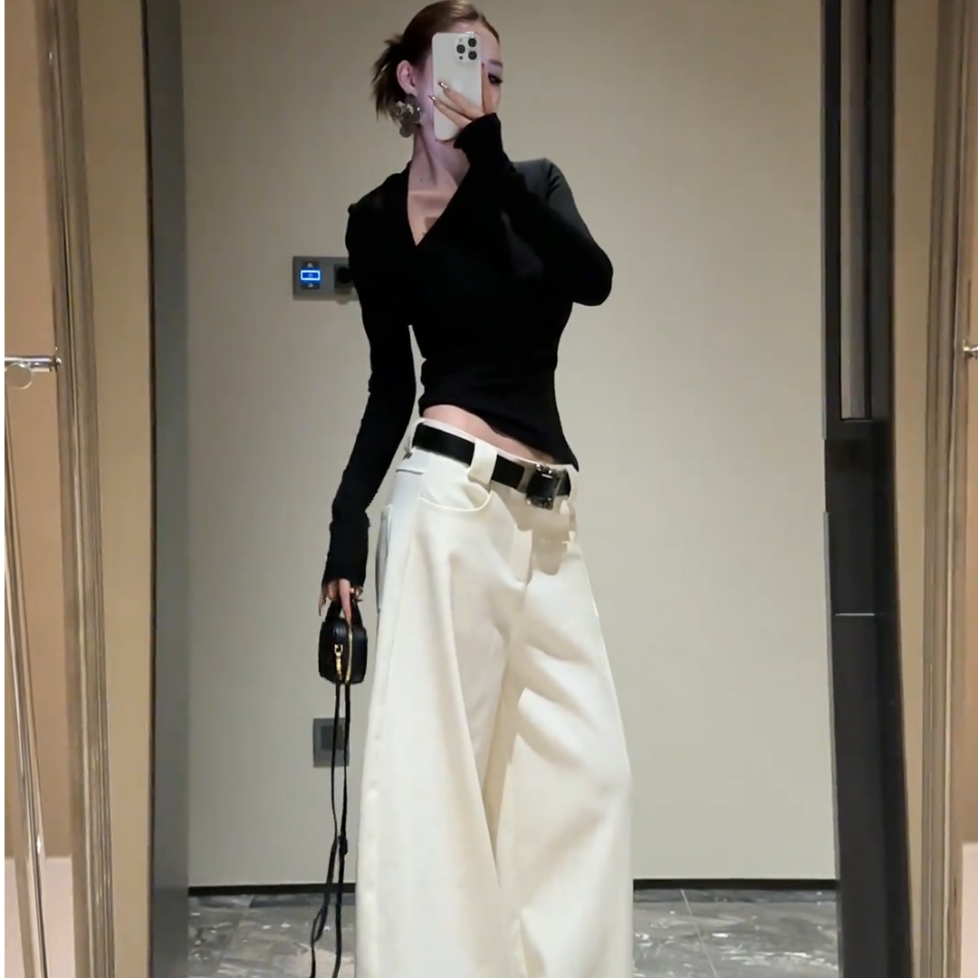 不规则斜领辣妹修身短款T恤女秋冬时尚套装宽松直筒裤长裤两件套