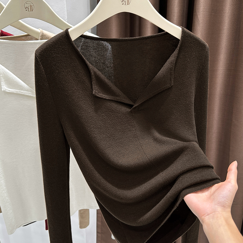 翻领时尚修身正肩套头打底衫女秋季爆款咖色外穿长袖针织T恤上衣