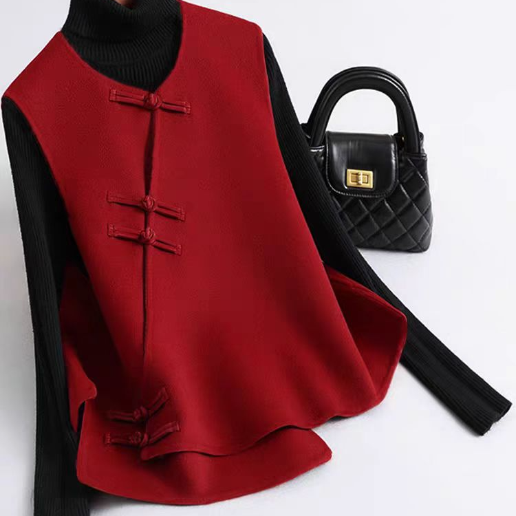 新中式毛呢大衣女马甲秋冬季新款红色国风复古呢子马夹
