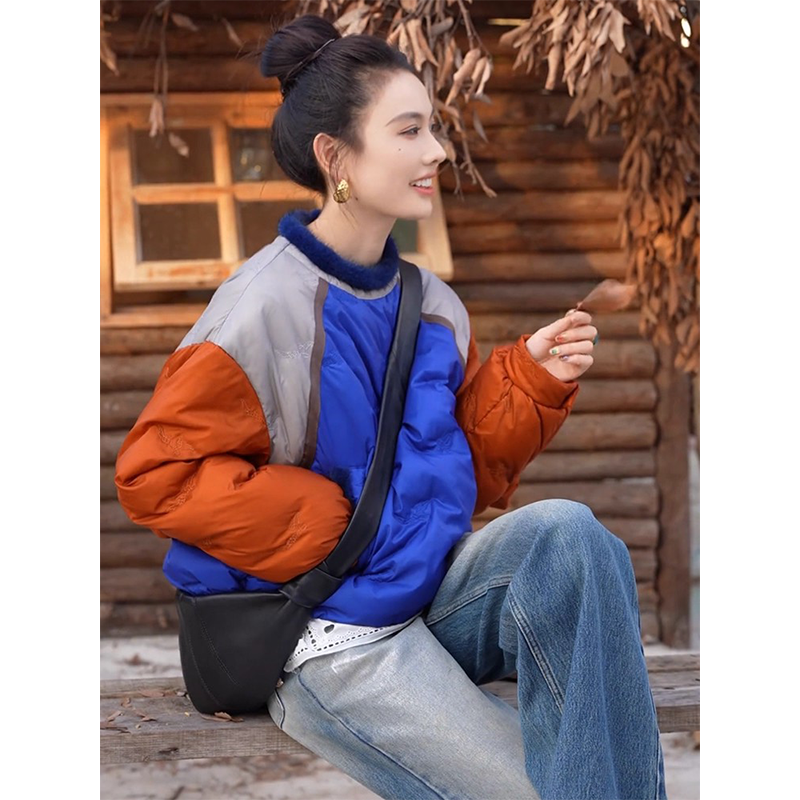 韩版百搭宽松拼色羽绒服女欧洲站2025冬季新款时尚休闲套头外套潮