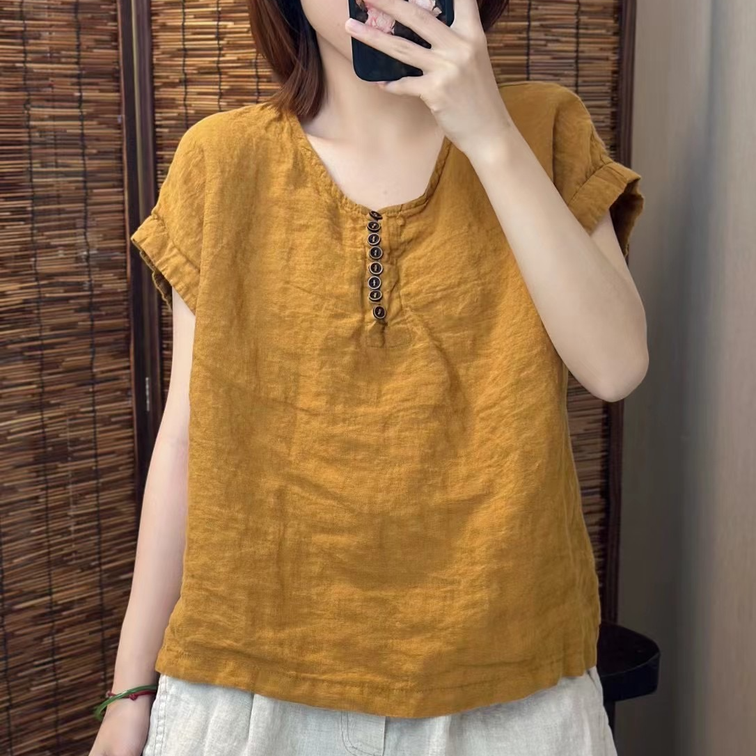 麻宛纪希哦夏季显瘦宽松洋气衣服女短袖百搭时尚纯亚麻上衣T恤