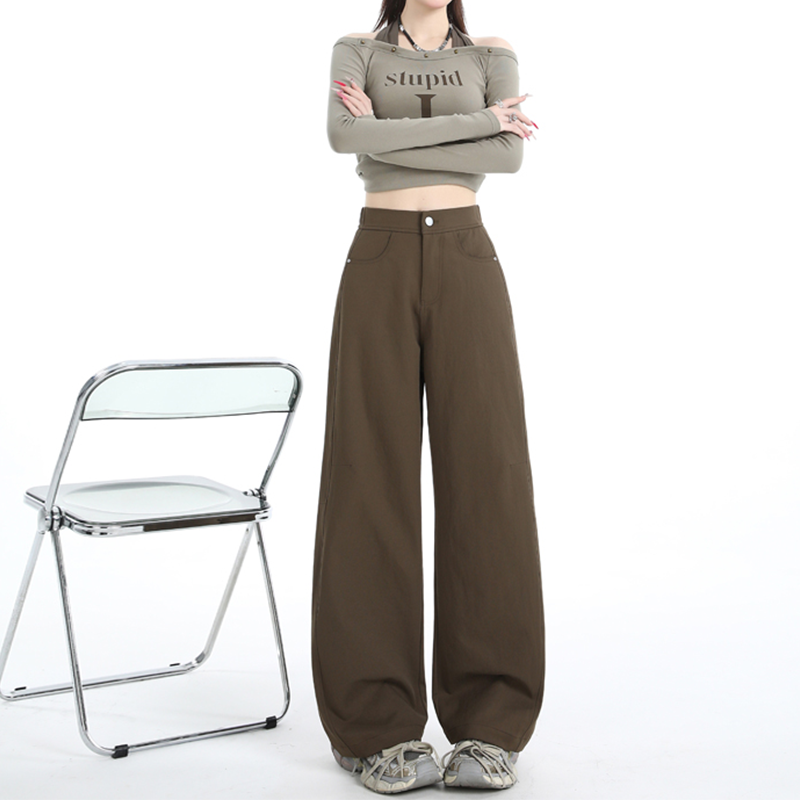 咖色直筒弯刀牛仔裤女2025秋季松紧百搭高腰显瘦牛仔拖地阔腿裤子