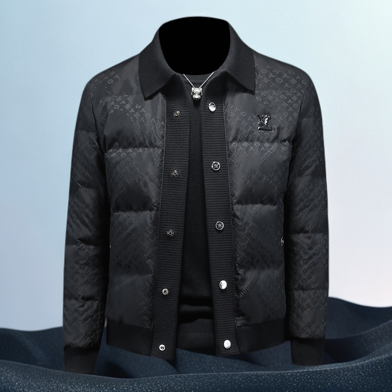 巴赛娜缇时尚潮牌提花羽绒服男士冬季新款针织翻领保暖白鸭绒外套