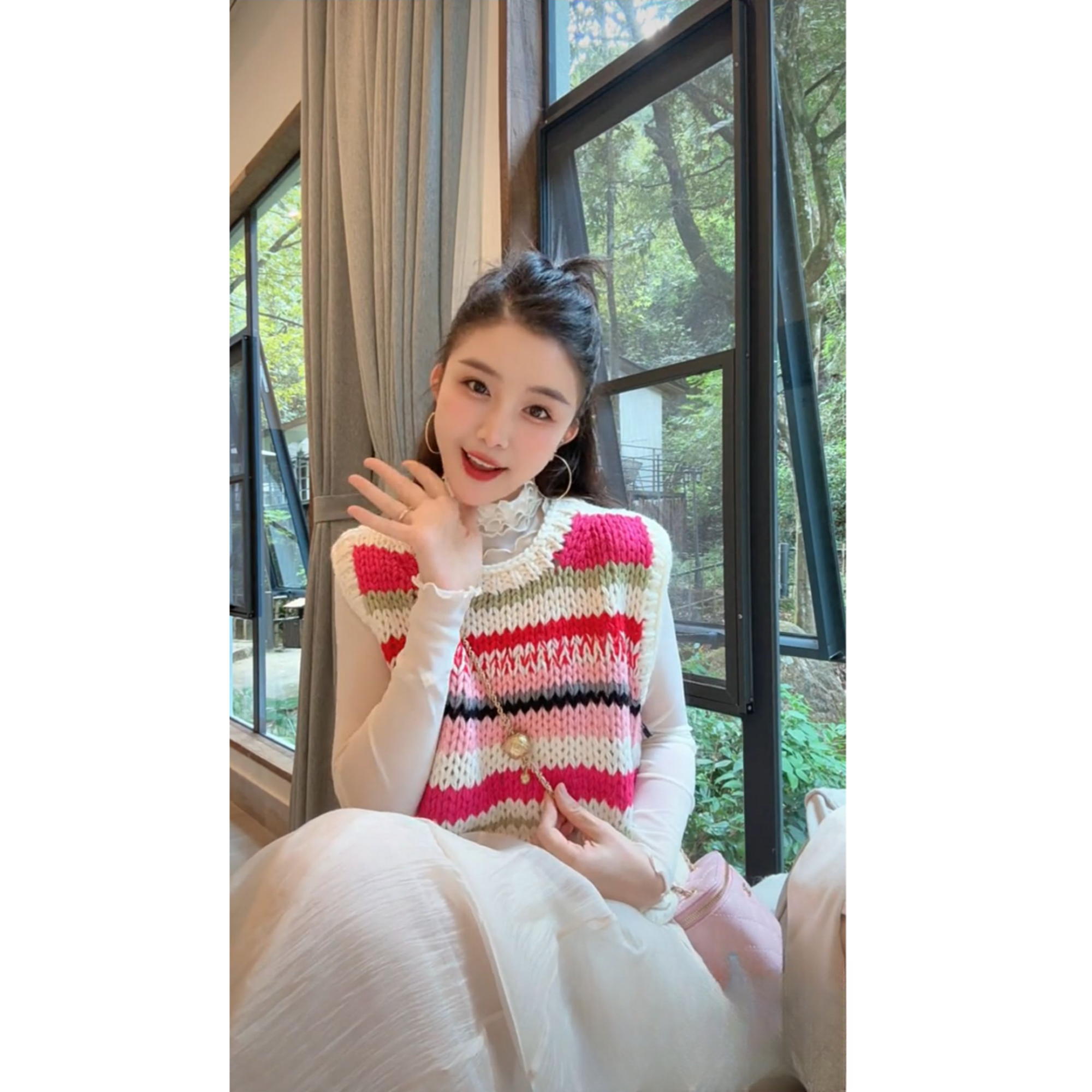 洋洋优选-秋冬新款韩系慵懒风条纹拼色可叠穿手工毛衣马甲YY71987