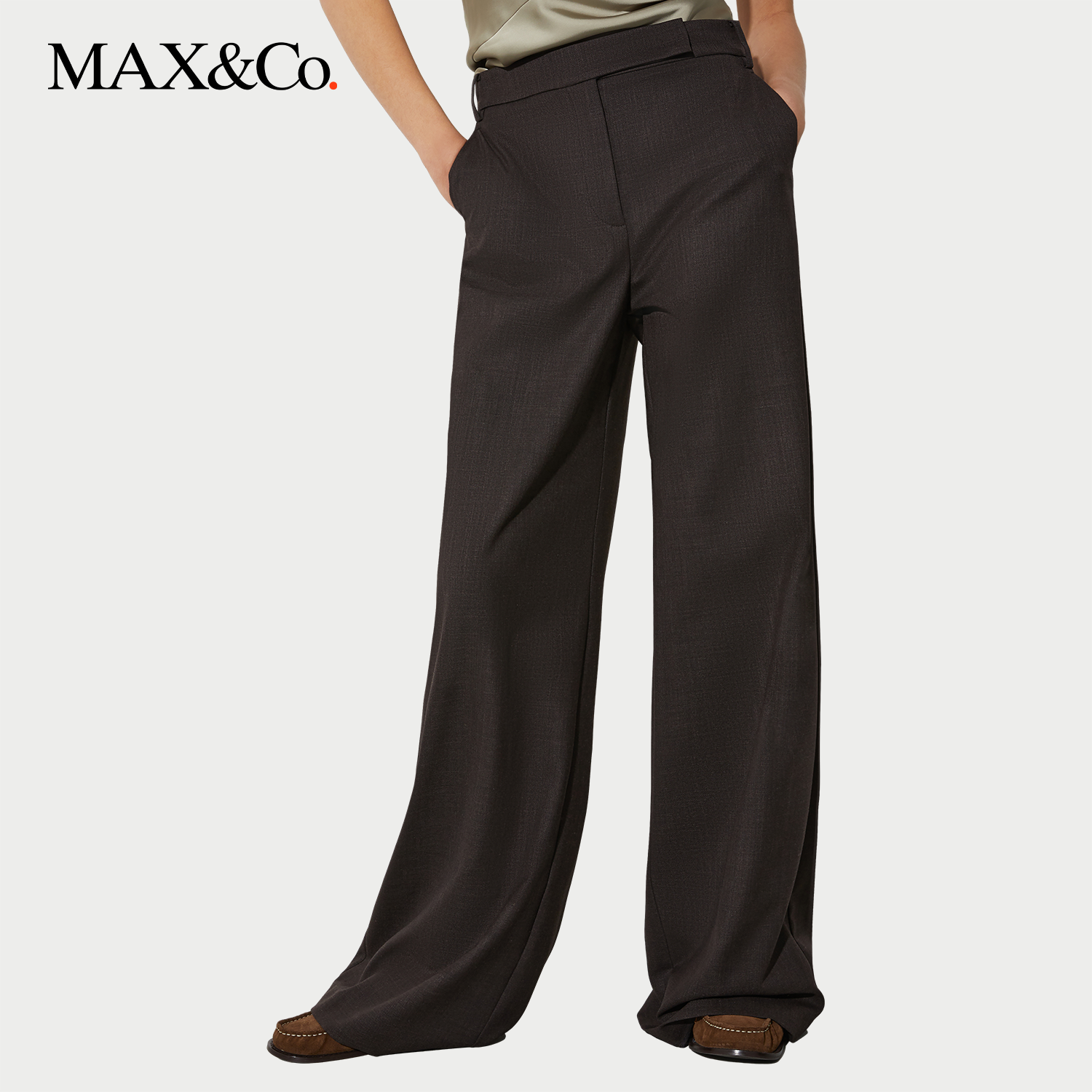 【2025季末折扣】MAX&Co.2025早秋黑色阔腿拖地休闲裤6136025202