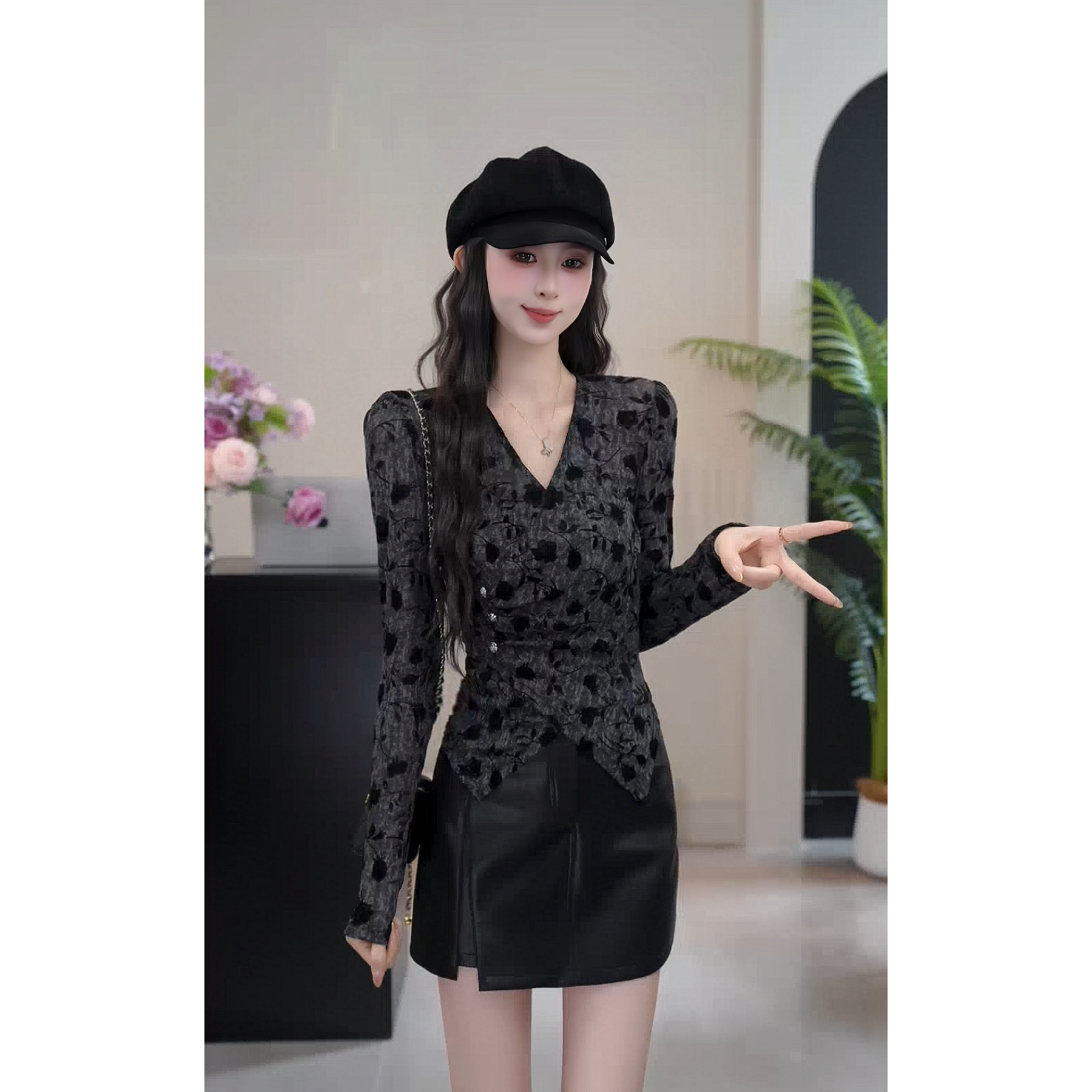 YUANLIANSU/圆脸酥【豆蔻年华】法式不规则褶皱交叉V领T恤女装秋季