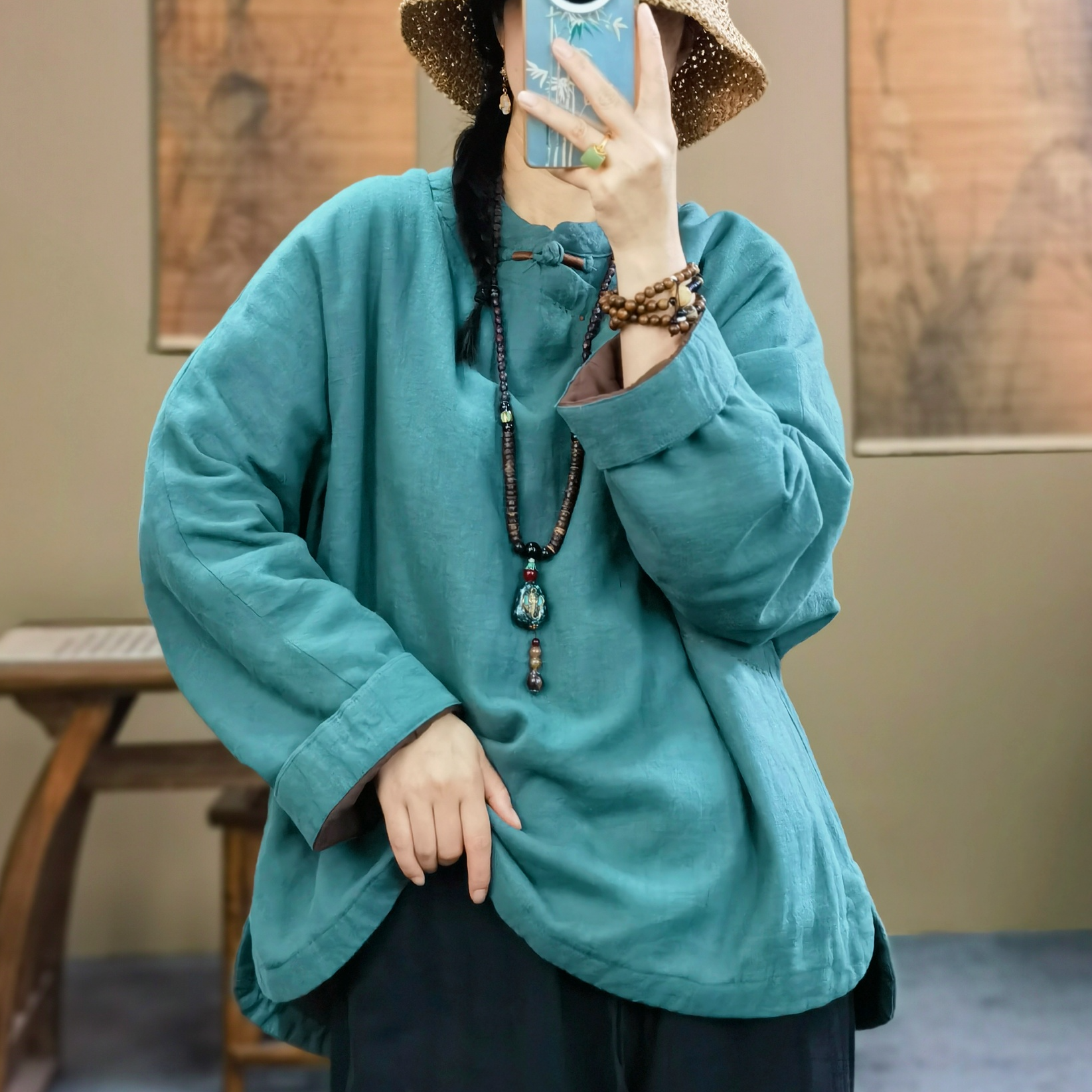 束心新中式冬装新款复古立领斜襟盘扣棉服亚麻中式纯色套头棉衣女