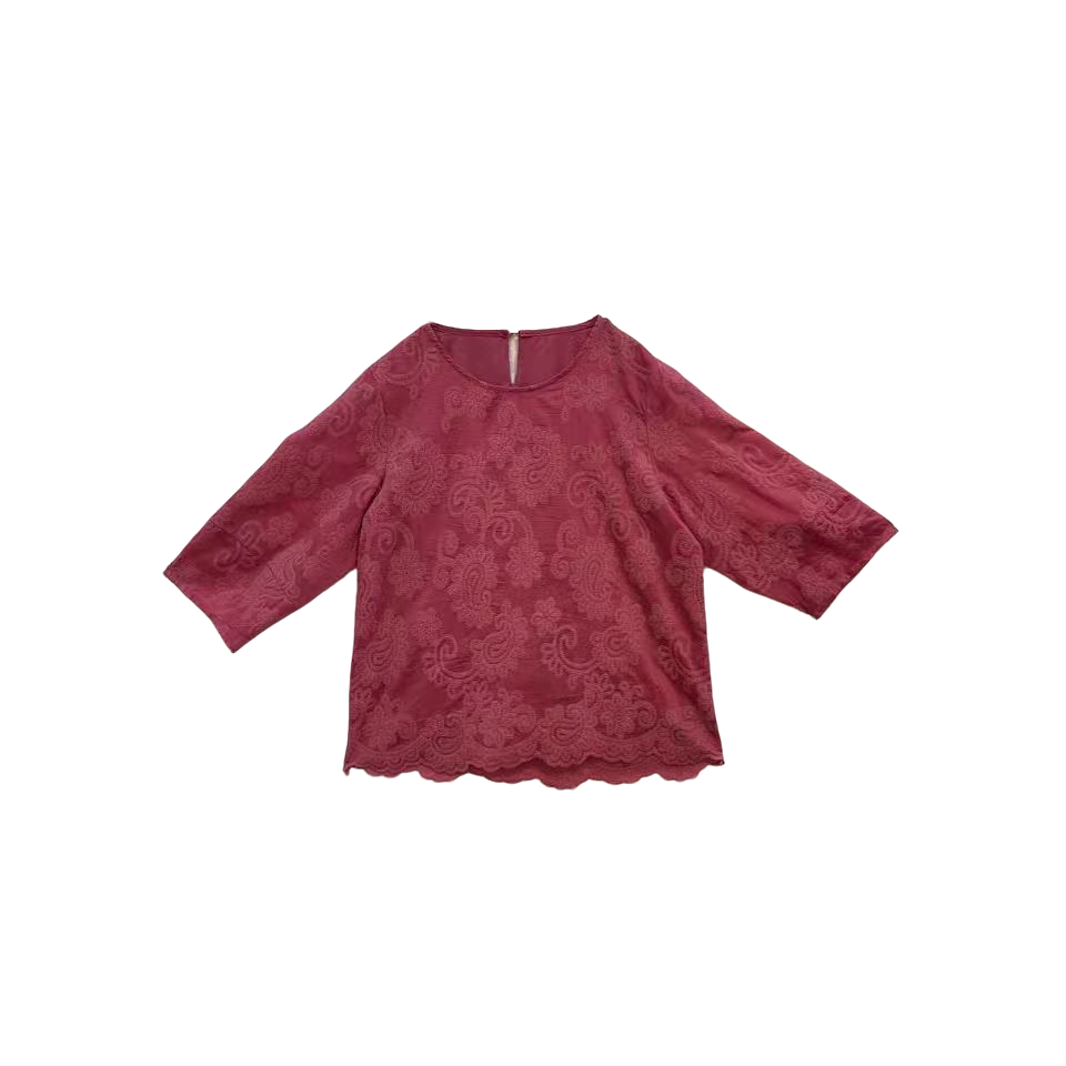 桐然精选864#秋季新款休闲欧货时尚圆领蕾丝刺绣镂空七分袖上衣