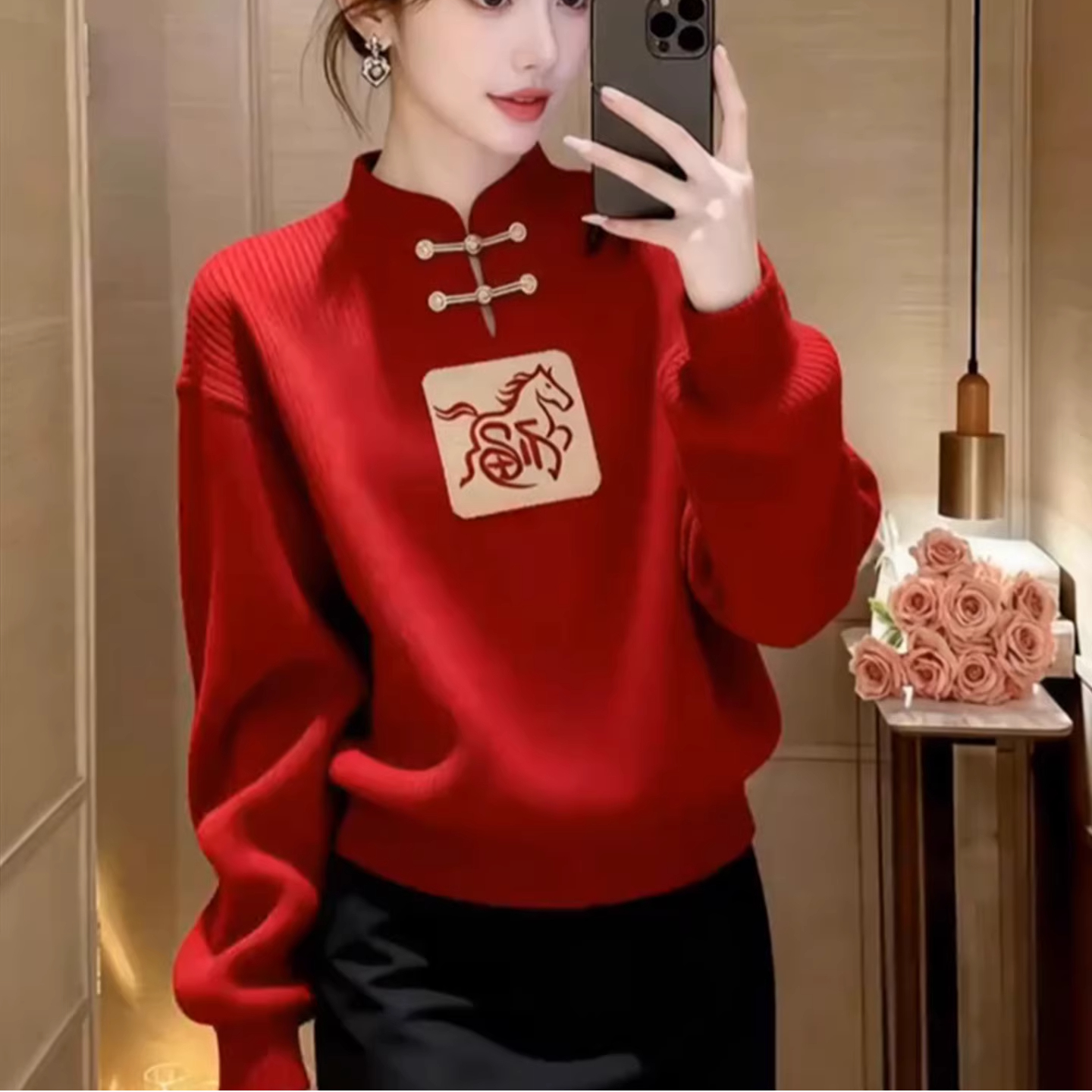 喜庆活力红色立领新中式针织衫秋冬季新款毛衣宽松休闲百搭上衣女