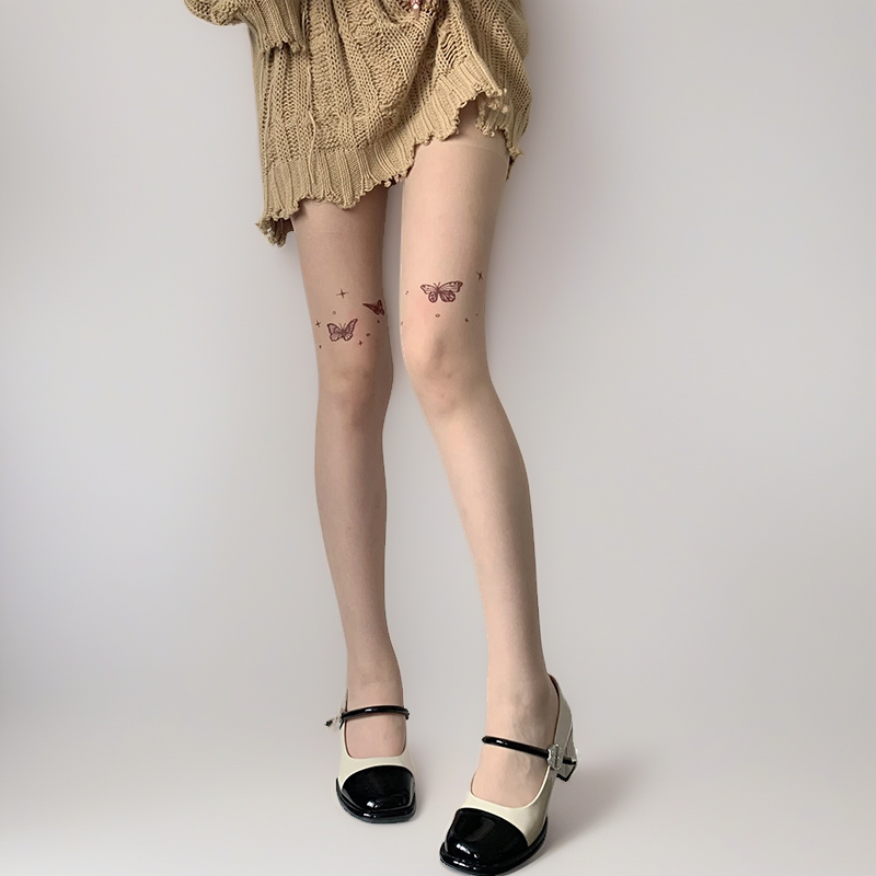 性感斑点丝袜纯欲黑色蝴蝶印花学院风显瘦修身可爱打底裤袜