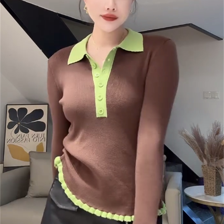韩系复古拼接polo领针织衫女2025早秋新款简约小众休闲显瘦上衣