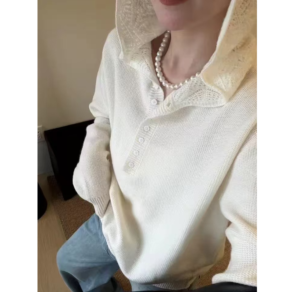 勾花帽衫~柔软亲肤肌理感半开领宽松气质连帽针织衫1315-4