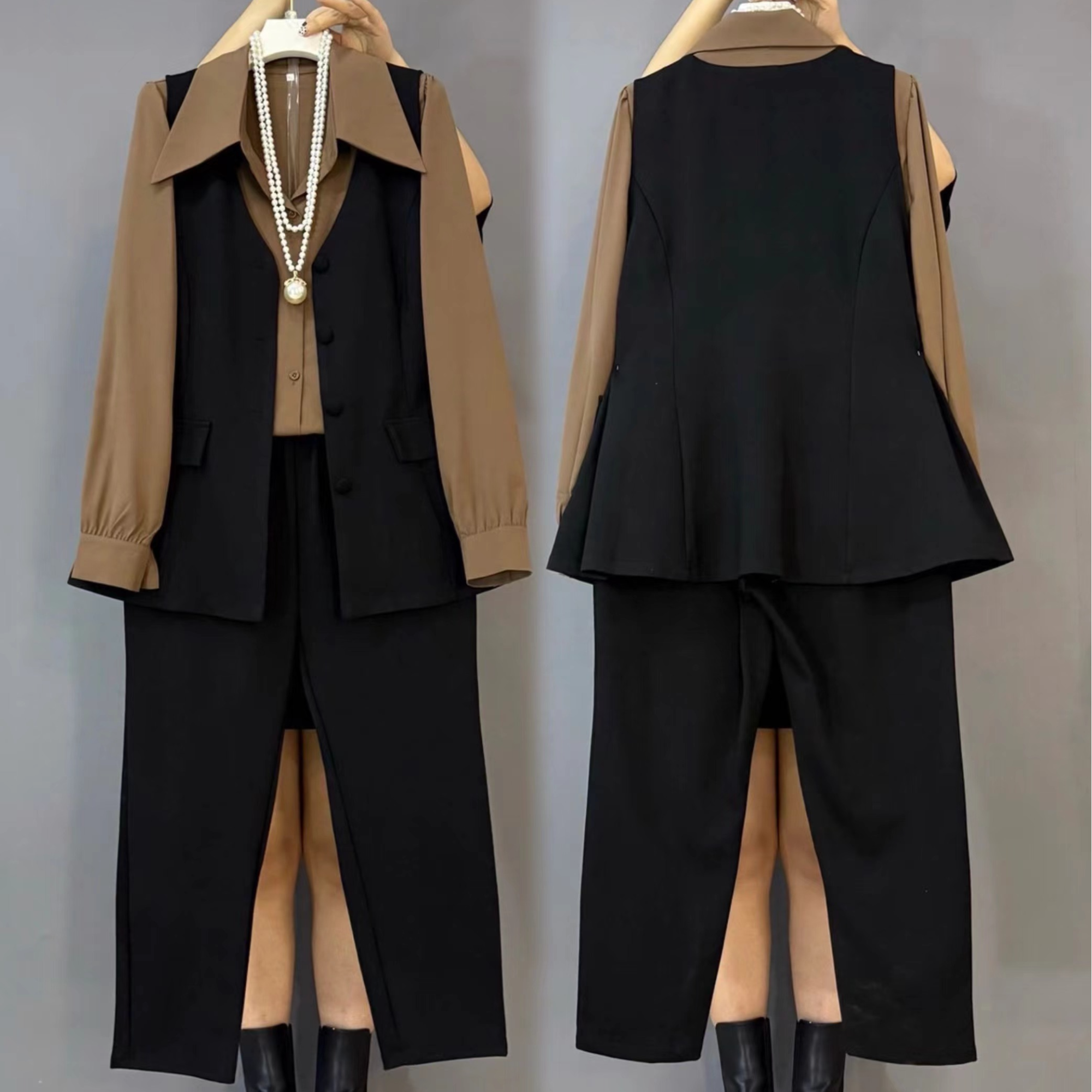 胖妹妹大码女装西装马甲+衬衫+裤子三件套春秋新款时尚气质套装女