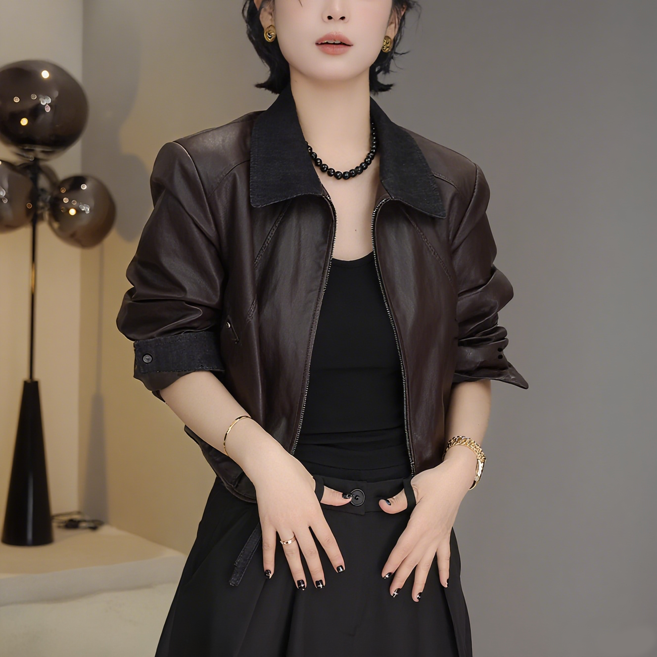 秋季复古百搭时尚短款长袖皮衣女2025新款别致小众设计感夹克外套