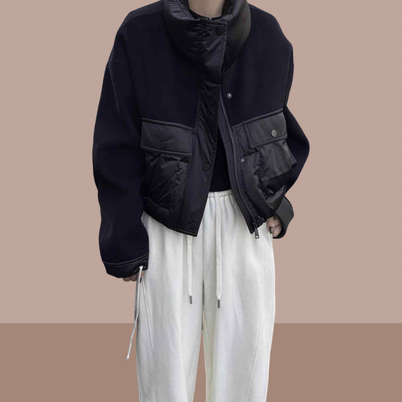 毛呢拼接大口袋加厚棉衣服女欧洲站2025年冬季新款保暖短款外套潮