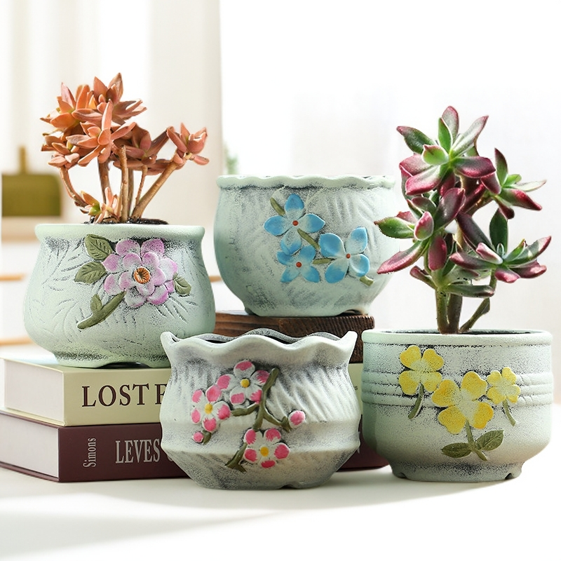 清仓多肉花盆陶瓷创意个性清仓拇指盆小花盆简约粗陶彩绘透气流釉