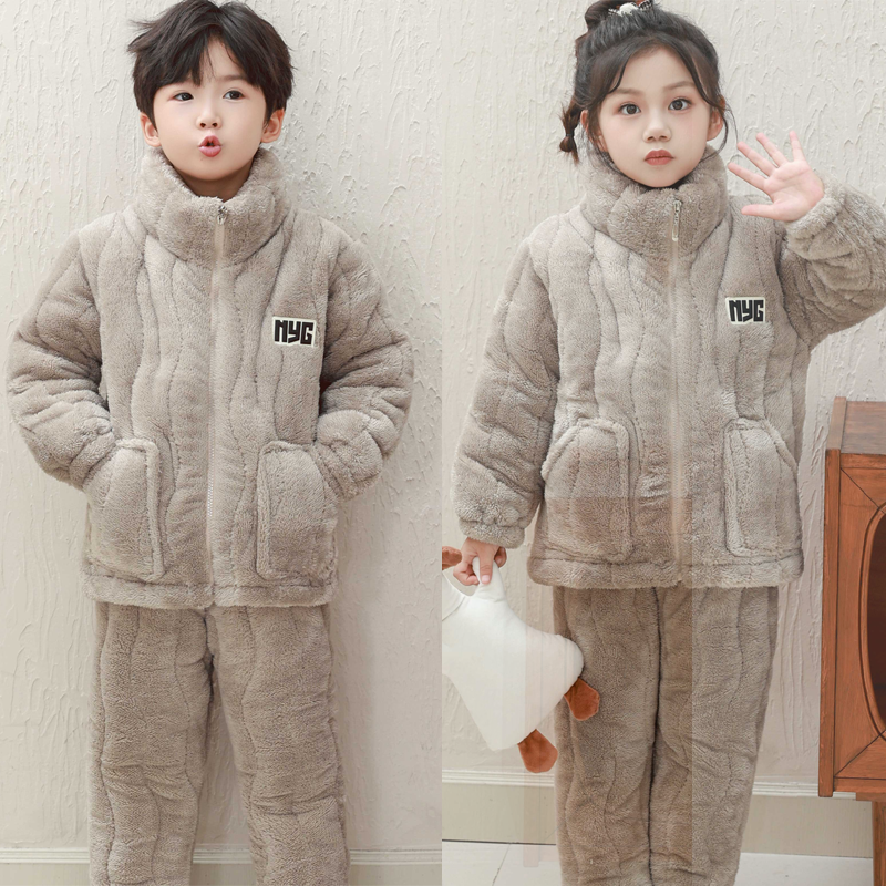 新款睡衣女童冬季款母子男女童三层夹棉加厚儿童外穿家居服中大童