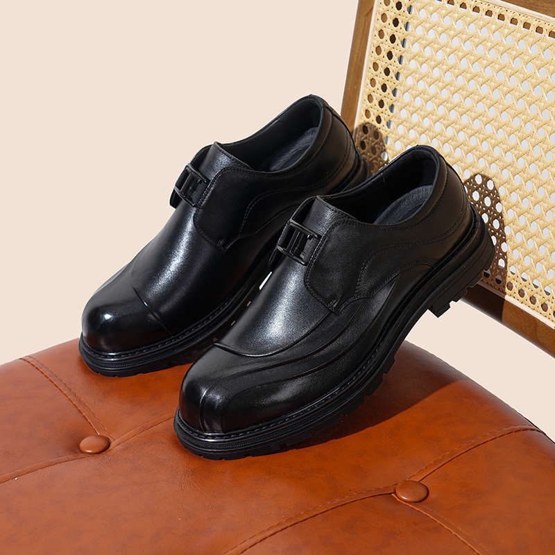 头层牛皮透气手工黑色时尚男鞋青年男士套脚商务休闲正装百搭皮鞋