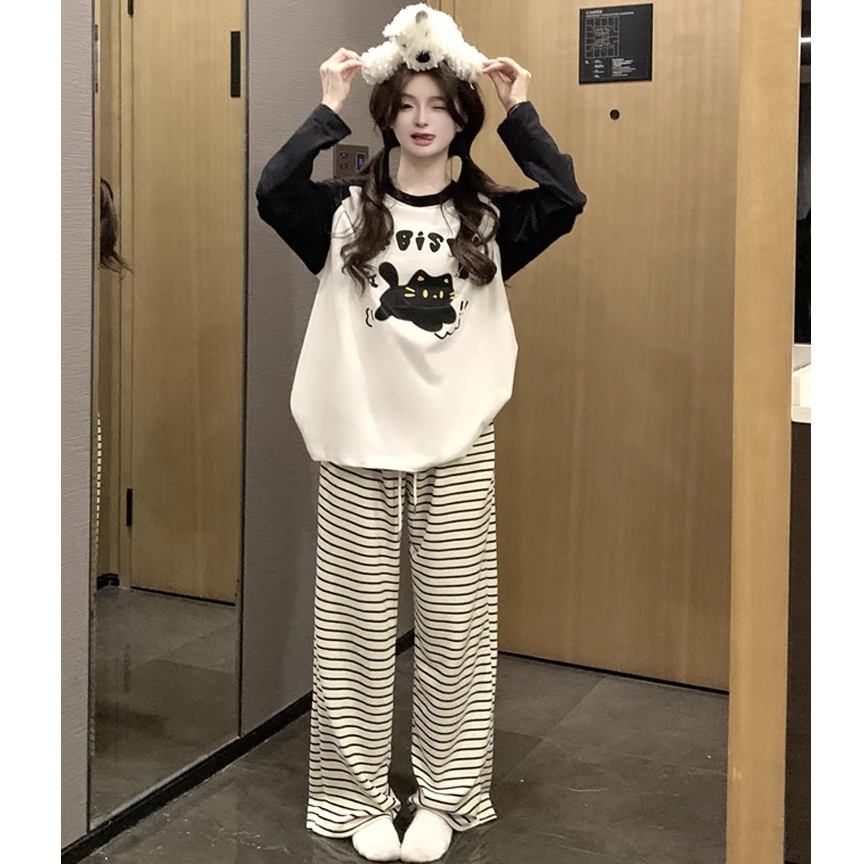 ins韩系卡通休闲睡衣可外穿女春秋新款套装家居服纯棉T恤睡裤夏季