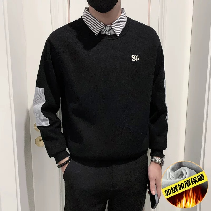 男士新款休闲装假两件韩版加绒衬衫领上衣男士初秋日系翻领卫衣