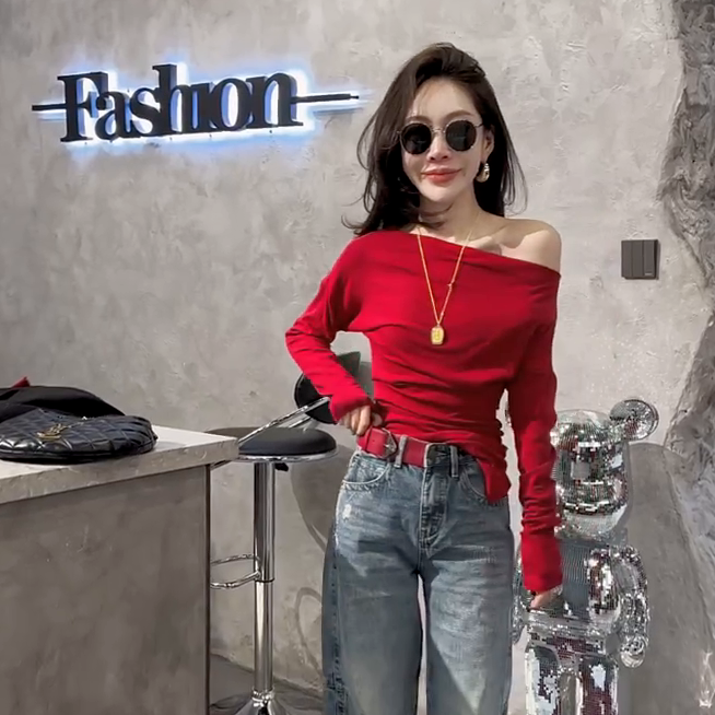 今年流行穿搭打底衫2026新款韩版一字领收腰显瘦新年红色上衣