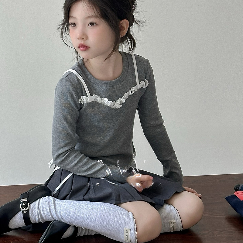 女童秋季假两件T恤2025新款中大儿童洋气打底衫女孩时髦长袖衣服