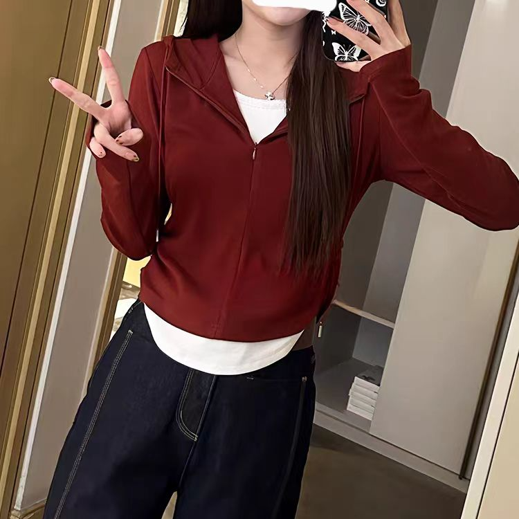 拼色半拉链假两件长袖t恤2025秋季时尚新款修身显瘦褶皱女装上衣