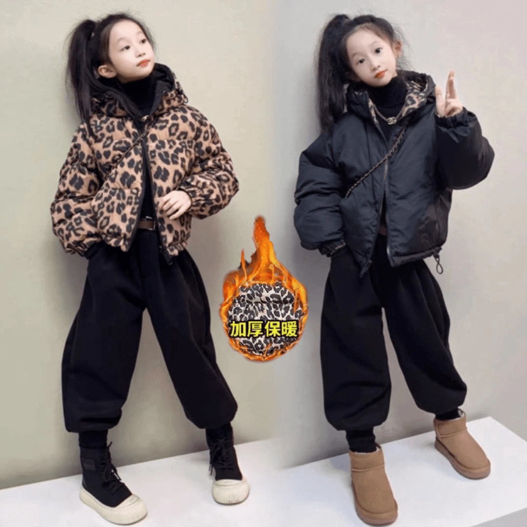 女童棉服豹纹棉衣2025新款两面穿儿童保暖连帽外套棉袄加绒哈伦裤
