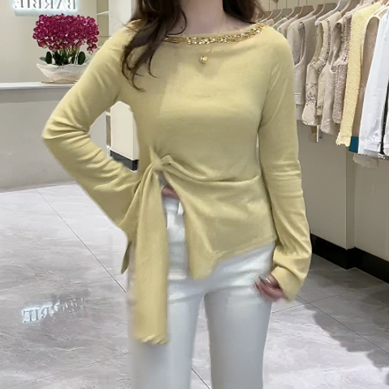 新款长袖打底衫烫钻修身不规则纯欲风T恤女LK2501938
