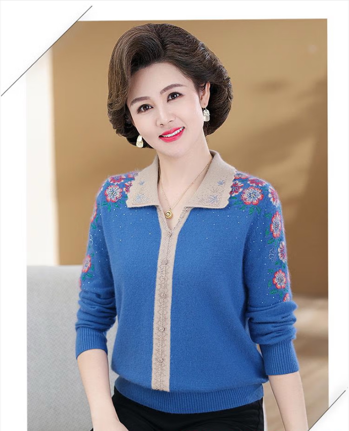 诺妈金标中老年妈妈装POLO领金丝嵌花翻领时尚洋气针织衫