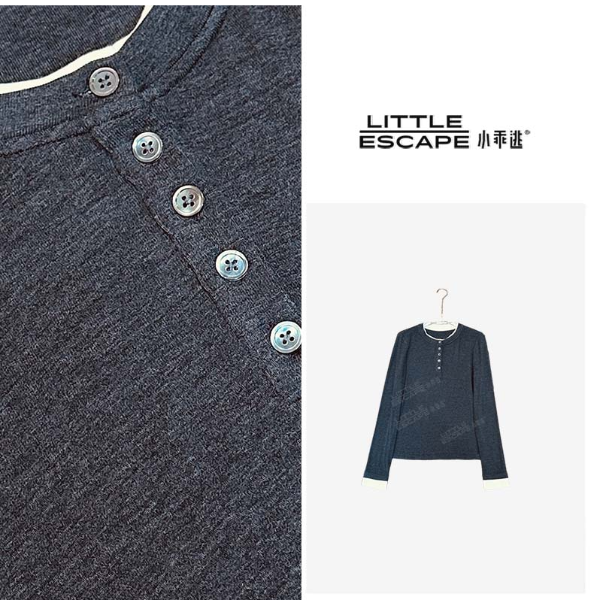 小乖逃休闲时尚假两件灰色T恤打底拼白色扣黑花灰长袖S25595