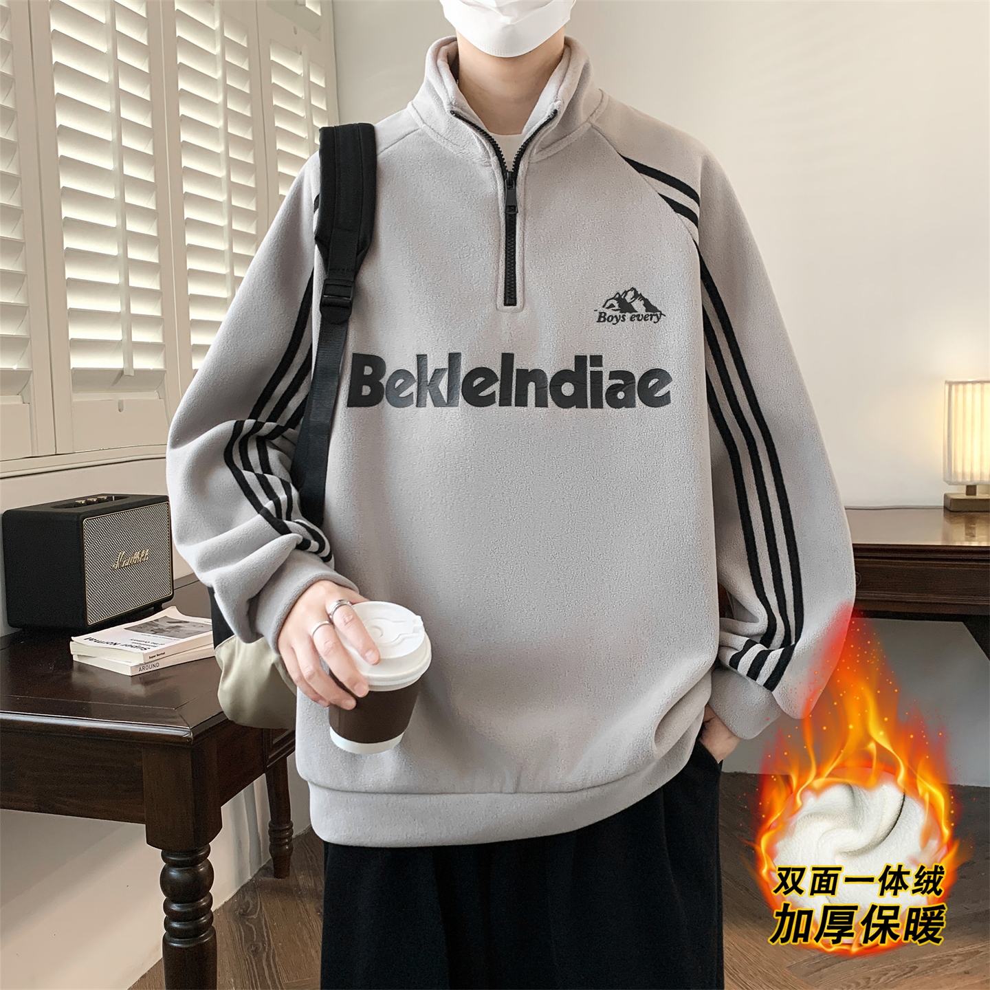 秋冬季新款奥粒绒卫衣半高领男生青少年加绒加厚保暖休闲上衣服潮