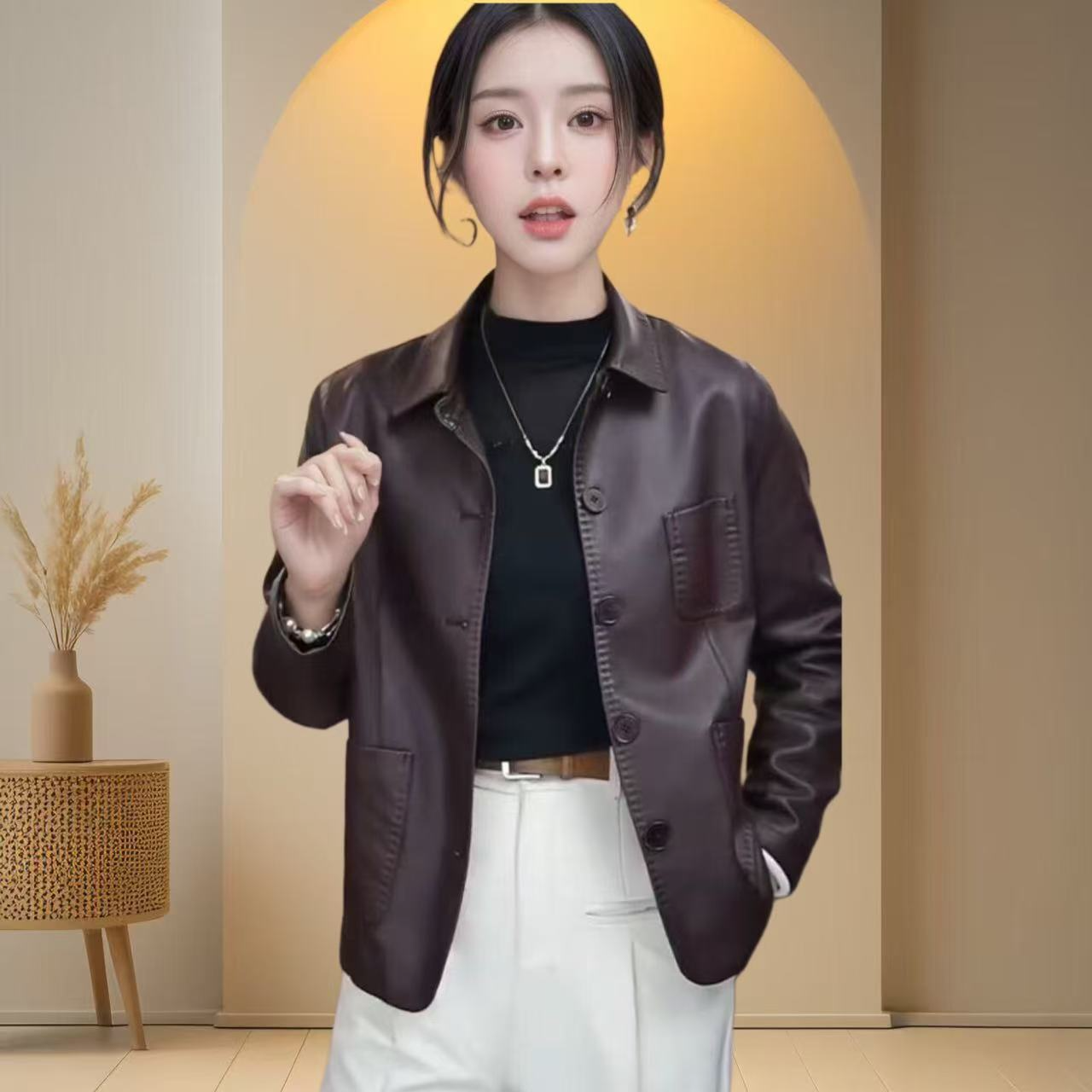 【单里衬】海宁正品2025春秋新款时尚休闲翻领气质皮衣外套女MZX3
