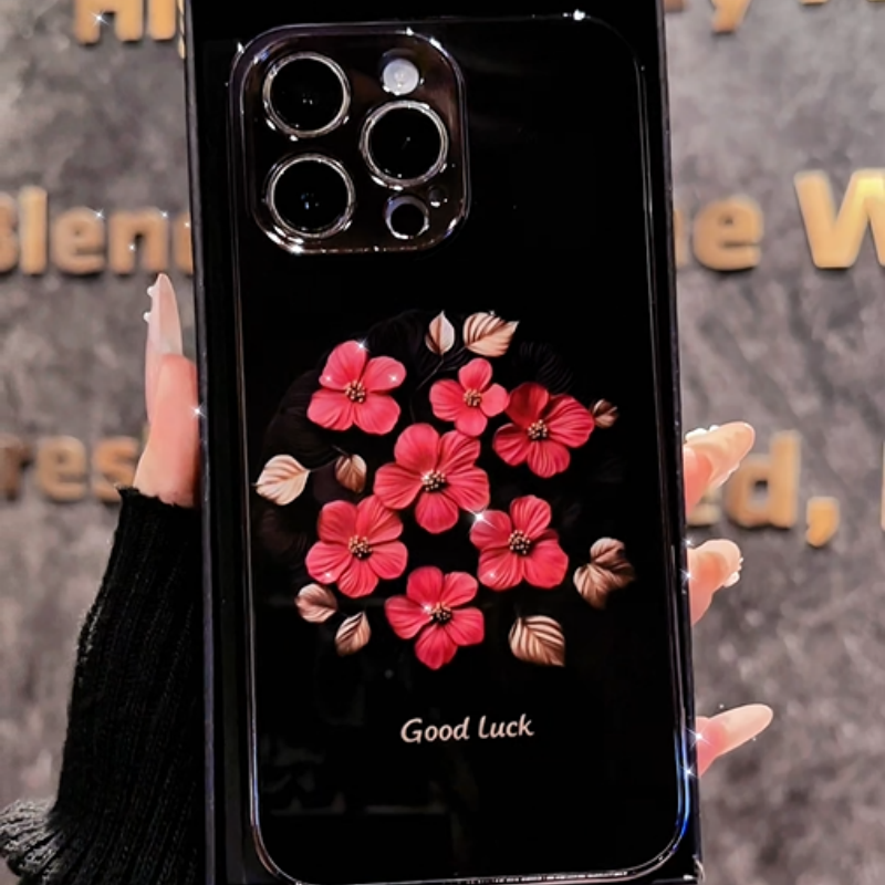 轻奢好运花朵适用苹果vivo华为oppo小米iPhone17电镀玻璃手机壳潮