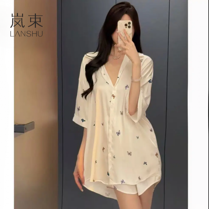 岚束高端轻奢冰丝蝴蝶衬衫裙女睡衣蝶语珠光夏季新款家居服薄款