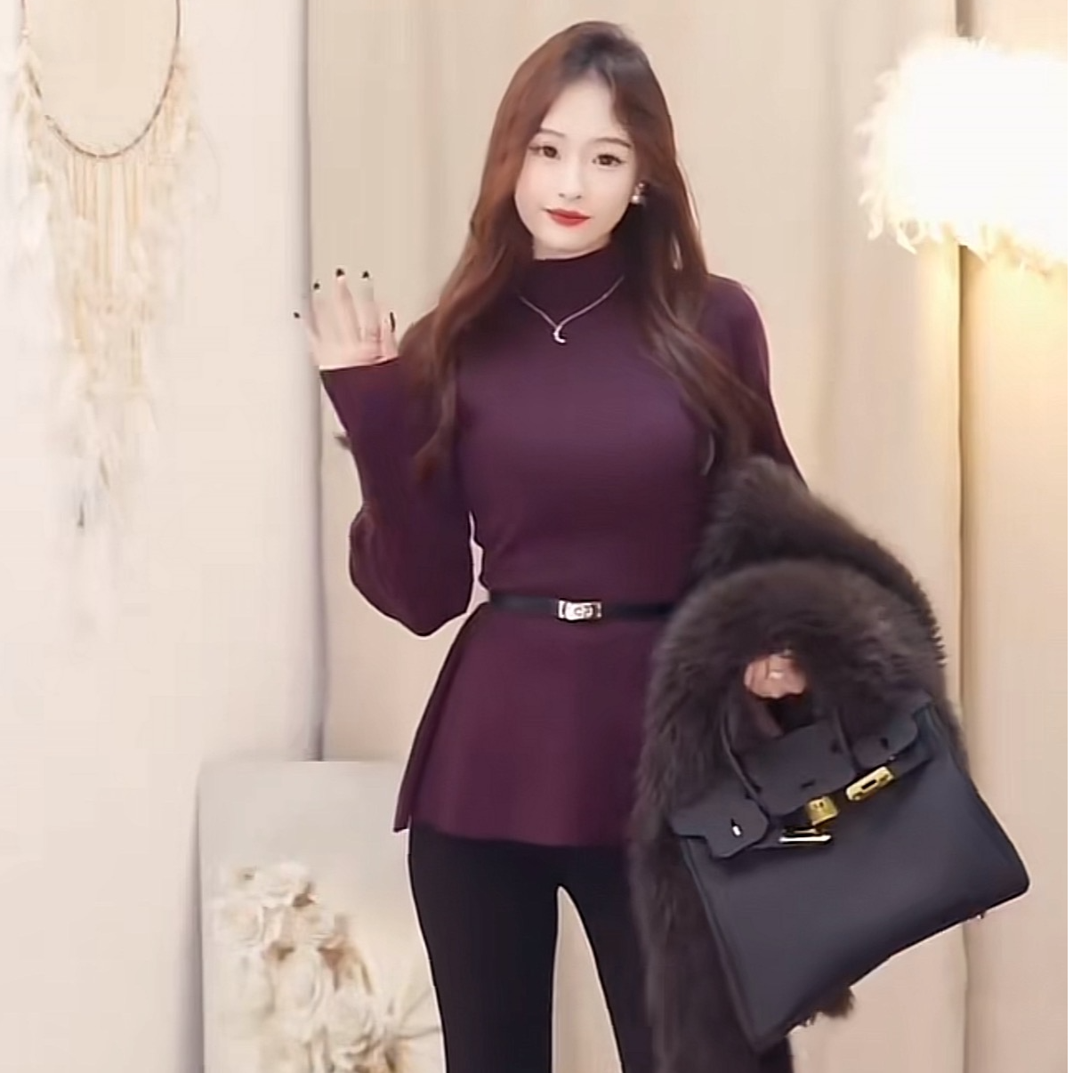 【紫罗兰-带腰带】2025秋冬半高领女内搭简收腰显瘦灯笼袖针织上衣