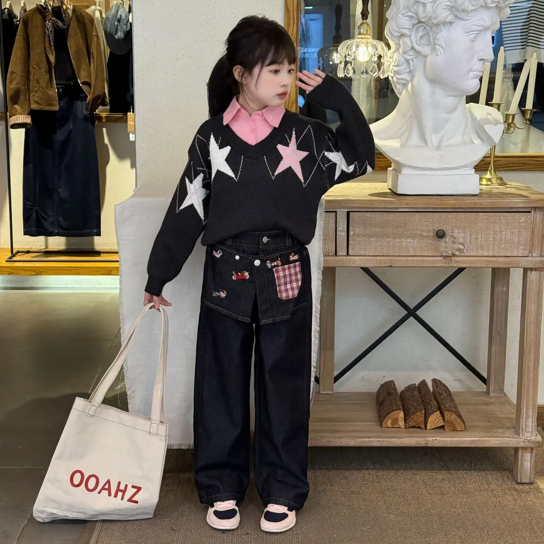 2025女童秋冬衬衫领菱形五角星毛衣腊肠狗拼接假两件加绒牛仔裤潮