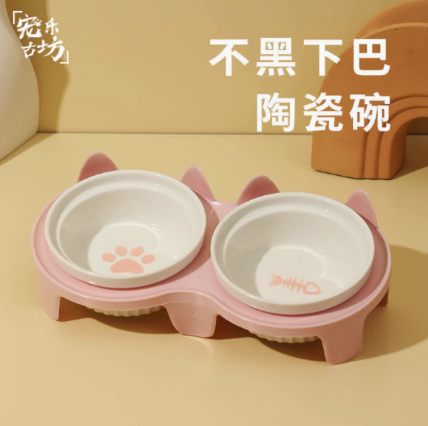 猫碗陶瓷猫食盆猫碗宠物斜口防打翻双碗喝水喂食一体水盆狗狗饭桌