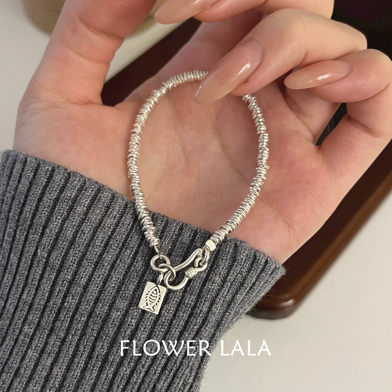 足银手链 LALA丨《鱼骨》S999足银重工做旧手工银手链盘缠手串高级